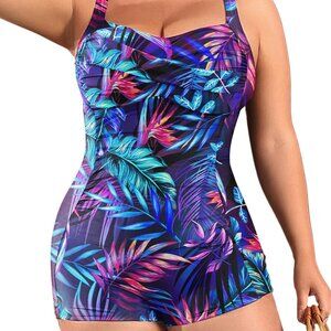 NEW Daci Size 22W Purple Leaves Plus Size One Piece Boyshorts Swimsuit